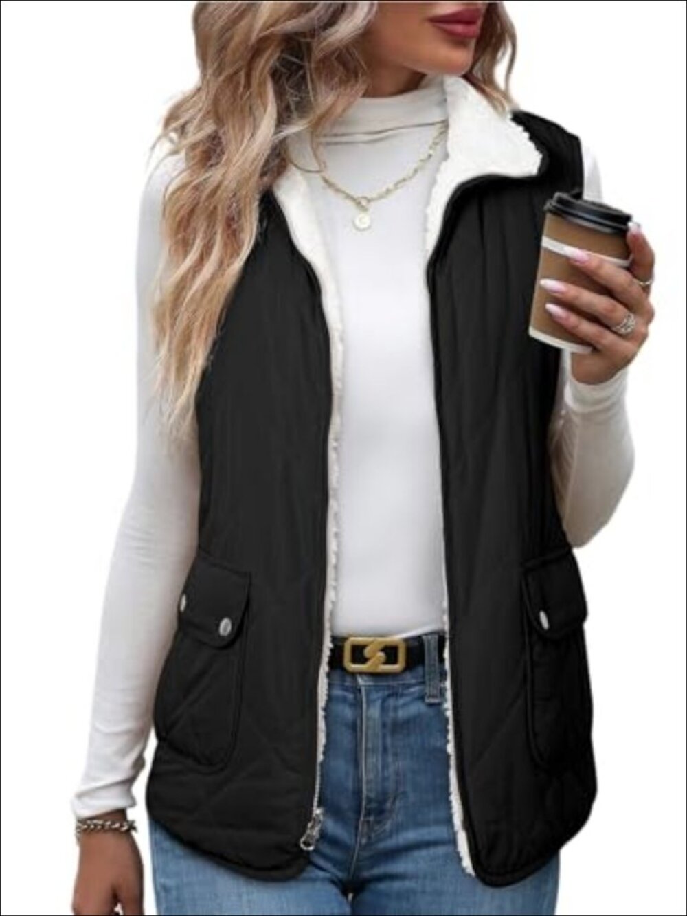 SHEWIN Women's Puffer Vest Sleeveless Zip Up Sherpa Fleece Lined Reversible
